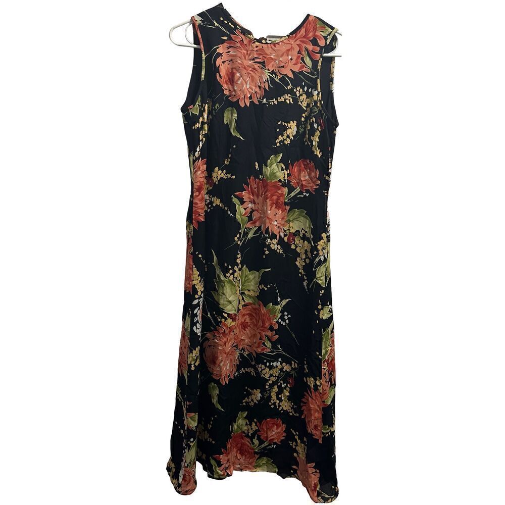 Women's Vintage Y2K Whimsical Goth Talbots Silk Midi Black and Pink Floral Dress